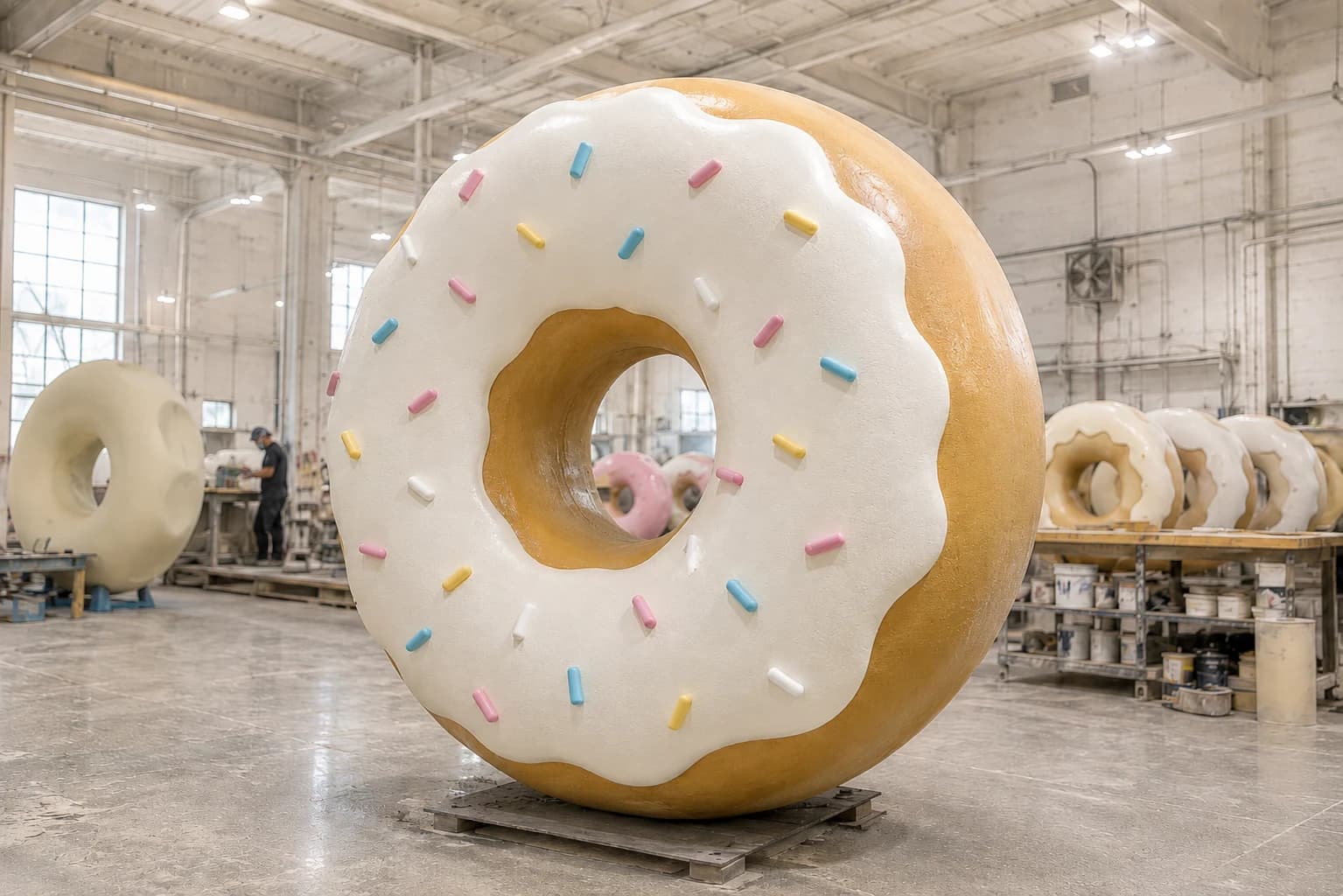Giant donut product replica with unfinished production pieces in a sculpture workshop