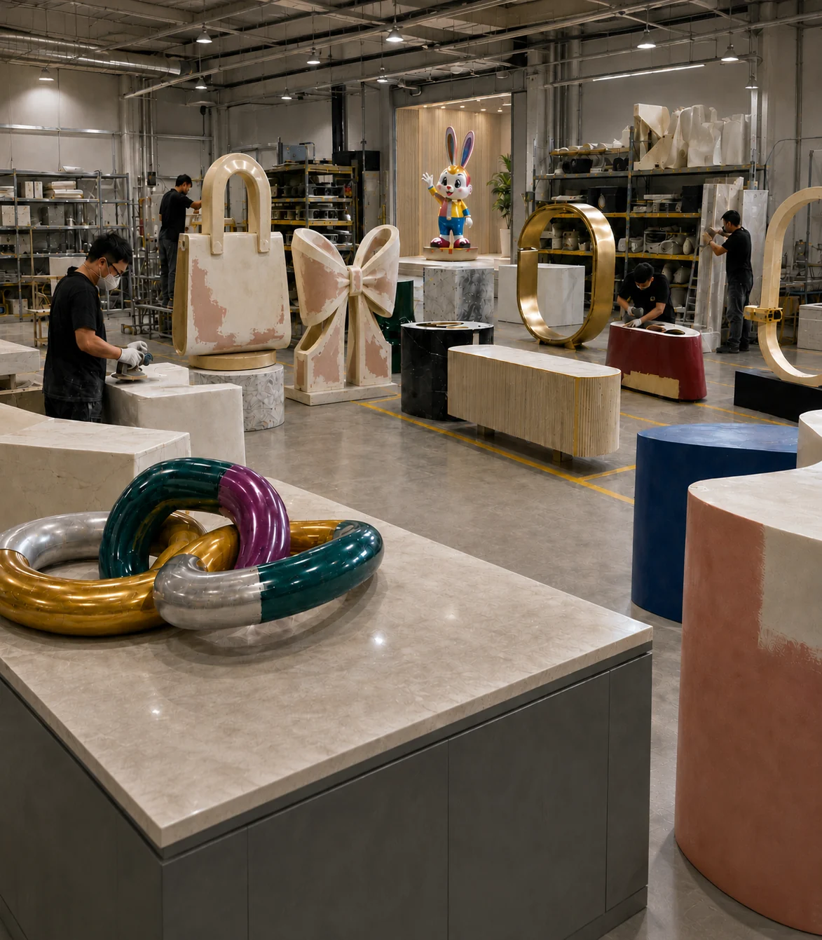 Yavis custom fabrication workshop with artisans producing retail display sculptures and props