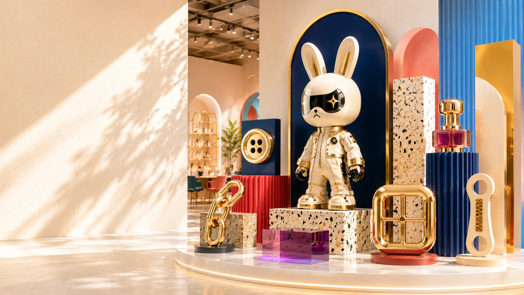 Sculptural retail installation featuring an astronaut rabbit display
